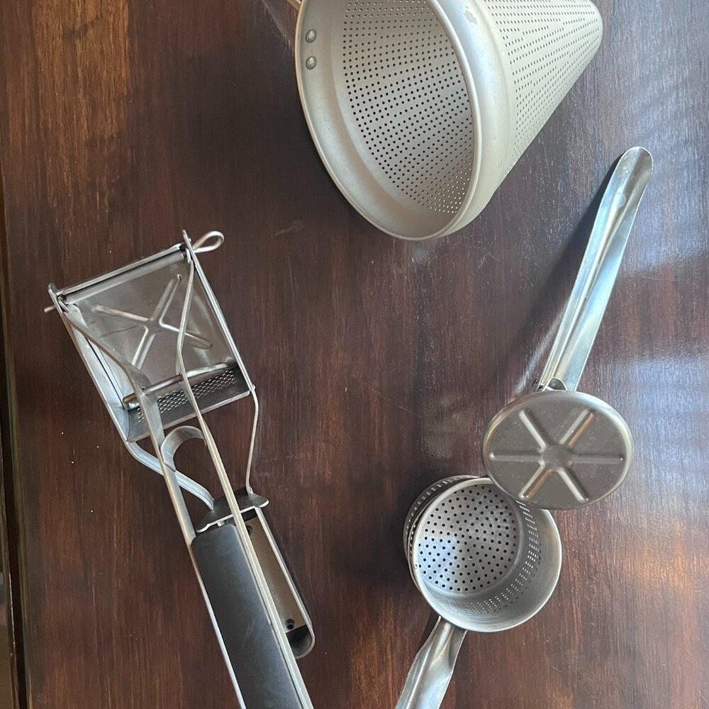Vintage Aluminum Conical Sieve Potato Rice Ricer Masher Utensils Kitchen Bundle